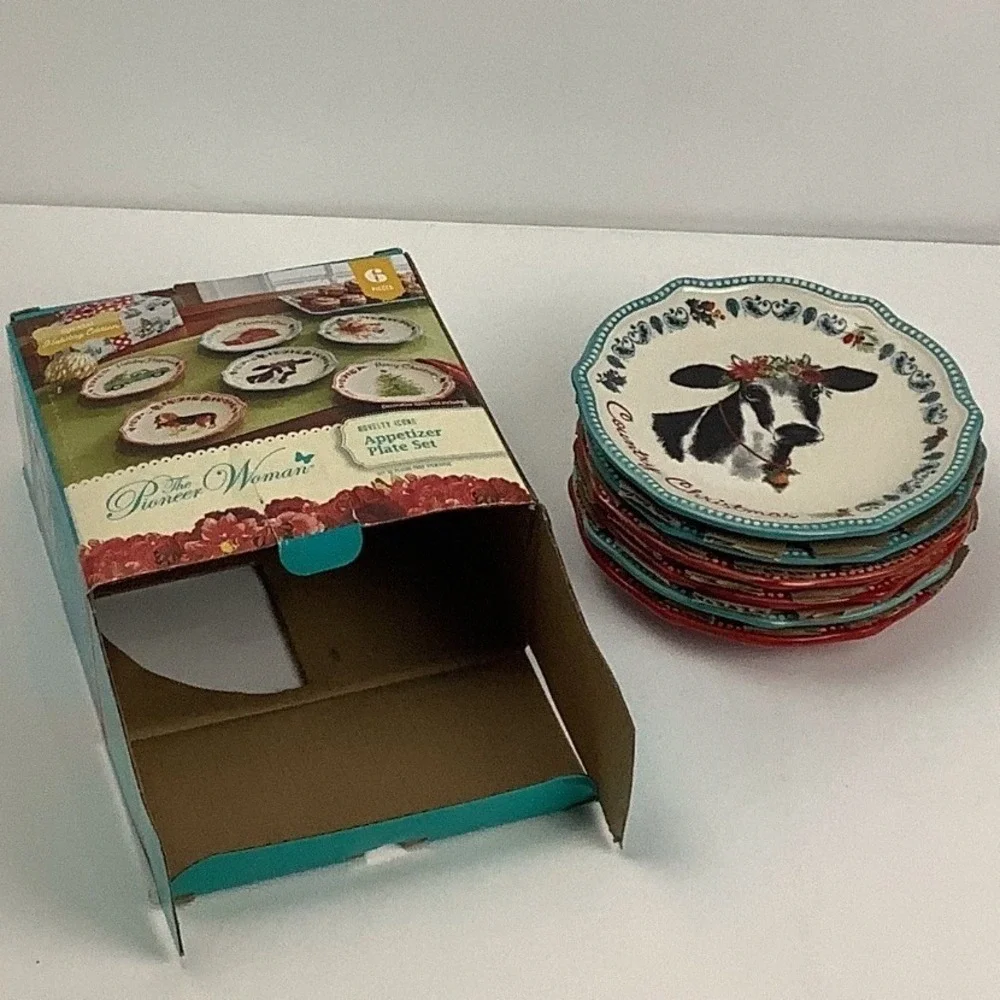 Pioneer Woman Novelty Icons Christmas Appetizer Plate Set 6pc 6.5in Stoneware